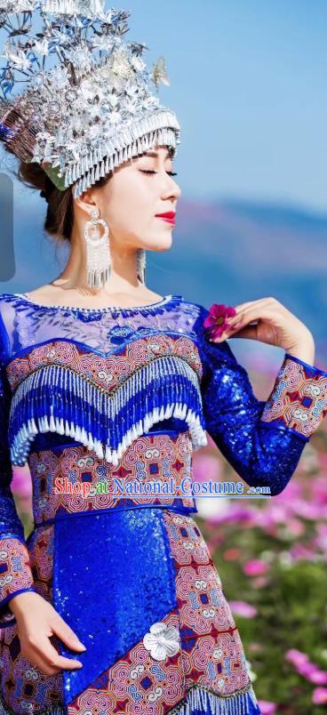 Traditional China Yunnan Mengzi Ethnic Clothing Miao Minority Women Royalblue Dress Hmong Bride Costumes and Hair Accessories