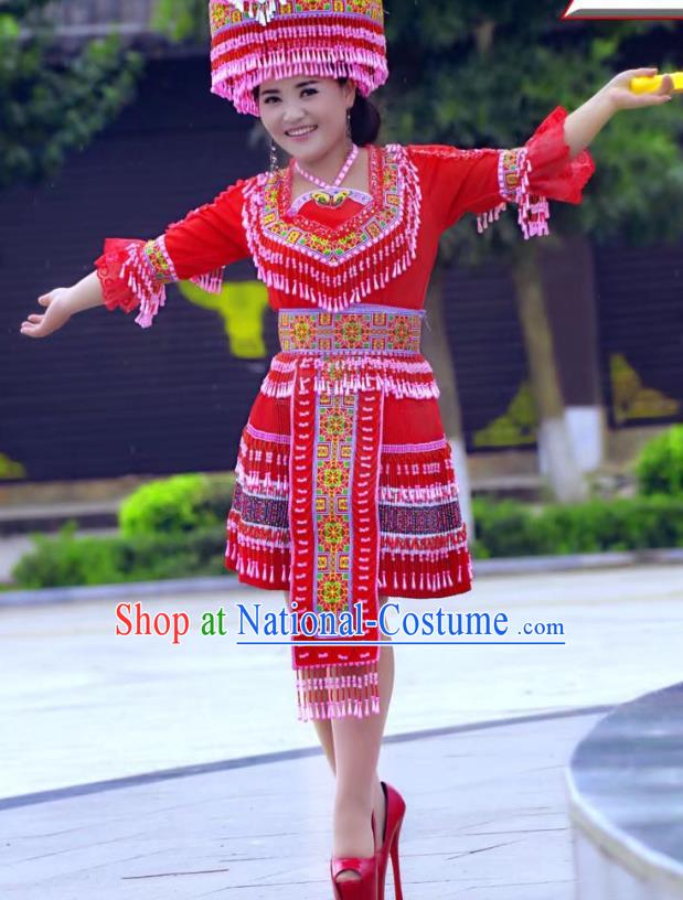 China Yunnan Miao Minority Folk Dance Costumes Ethnic Women Clothing Red Blouse and Short Skirt Outfits with Headwear