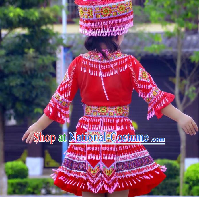 China Yunnan Miao Minority Folk Dance Costumes Ethnic Women Clothing Red Blouse and Short Skirt Outfits with Headwear