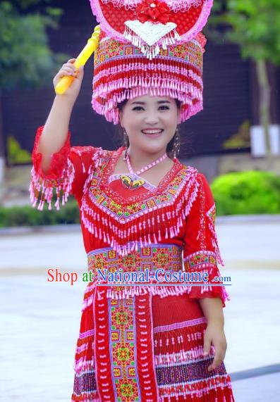 China Yunnan Miao Minority Folk Dance Costumes Ethnic Women Clothing Red Blouse and Short Skirt Outfits with Headwear