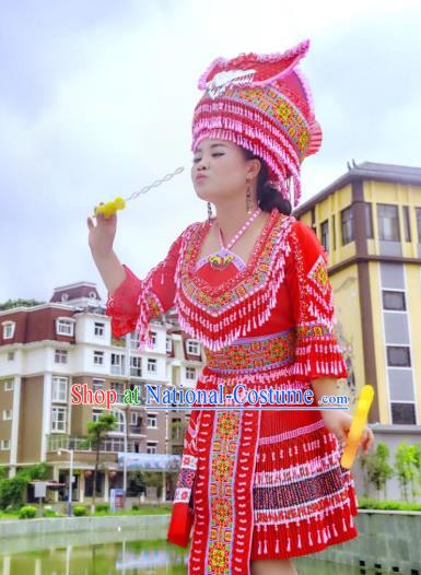 China Yunnan Miao Minority Folk Dance Costumes Ethnic Women Clothing Red Blouse and Short Skirt Outfits with Headwear