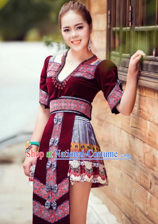 China Folk Dance Wine Red Velvet Short Dress Yunnan Wenshan Miao Minority Clothing for Women