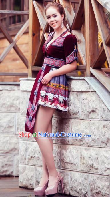 China Folk Dance Wine Red Velvet Short Dress Yunnan Wenshan Miao Minority Clothing for Women