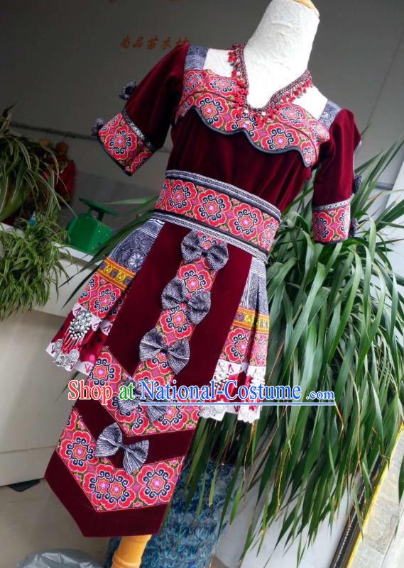 China Folk Dance Wine Red Velvet Short Dress Yunnan Wenshan Miao Minority Clothing for Women