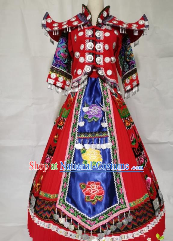 China Miao Ethnic Wedding Apparels Miao Nationality Clothing Yunnan Hmong Minority Embroidered Red Dress