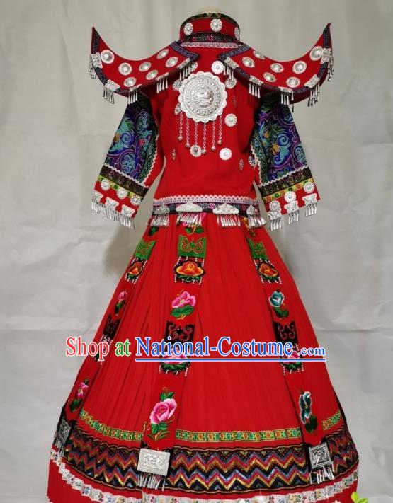 China Miao Ethnic Wedding Apparels Miao Nationality Clothing Yunnan Hmong Minority Embroidered Red Dress