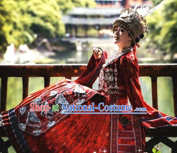 China Xiangxi Miao Ethnic Apparels Miao Nationality Bride Clothing Hmong Minority Wedding Embroidered Red Dress and Hair Accessories