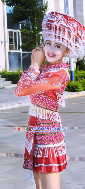 China Hmong Ethnic Female Red Short Dress Yunnan Miao Minority Clothing Folk Dance Apparels and Headwear