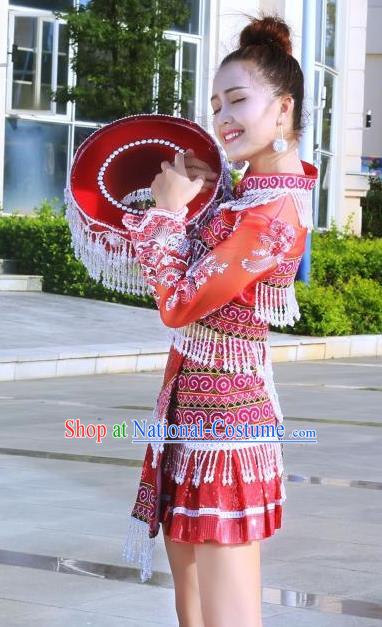 China Hmong Ethnic Female Red Short Dress Yunnan Miao Minority Clothing Folk Dance Apparels and Headwear