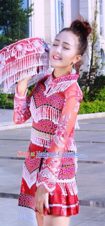 China Hmong Ethnic Female Red Short Dress Yunnan Miao Minority Clothing Folk Dance Apparels and Headwear