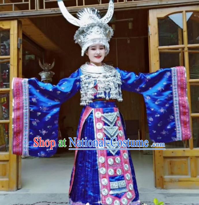 China Miao Ethnic Celebration Apparels Hmong Minority Wedding Embroidered Royalblue Dress Miao Nationality Bride Clothing and Headpieces