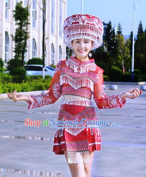 China Hmong Ethnic Female Red Short Dress Yunnan Miao Minority Clothing Folk Dance Apparels and Headwear