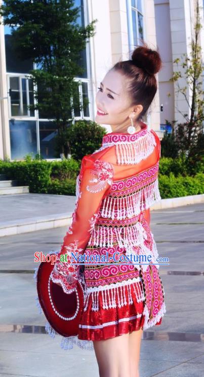 China Hmong Ethnic Female Red Short Dress Yunnan Miao Minority Clothing Folk Dance Apparels and Headwear