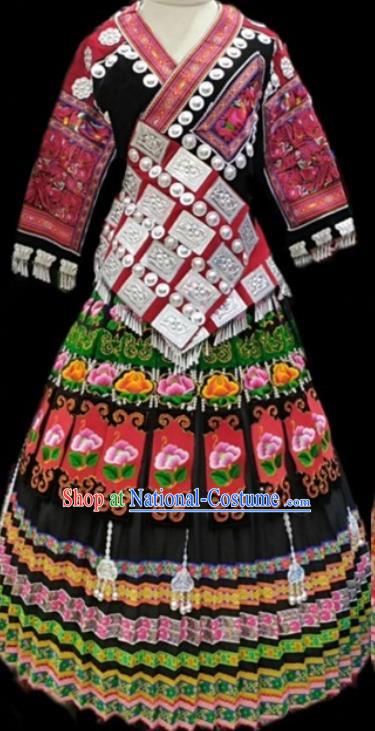 China Minority Traditional Festival Apparels Hmong Embroidered Black Blouse and Skirt Miao Ethnic Celebration Clothing