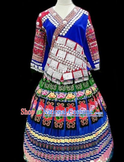 China Hmong Wedding Embroidered Royalblue Blouse and Skirt Ethnic Celebration Clothing Miao Minority Traditional Festival Apparels