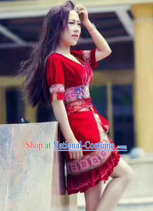 China Yunnan Miao Minority Clothing Folk Dance Apparels Ethnic Female Red Velvet Blouse and Skirt