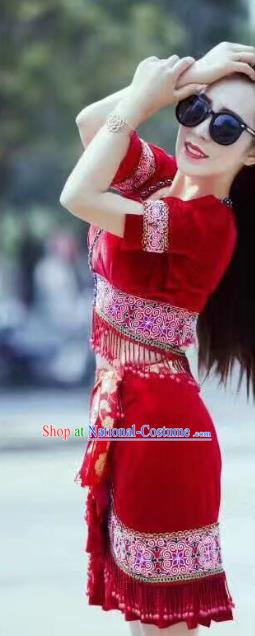 China Yunnan Miao Minority Clothing Folk Dance Apparels Ethnic Female Red Velvet Blouse and Skirt