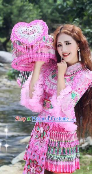 China Miao Minority Bride Clothing Travel Photography Apparels Ethnic Folk Dance Pink Blouse and Skirt with Hat