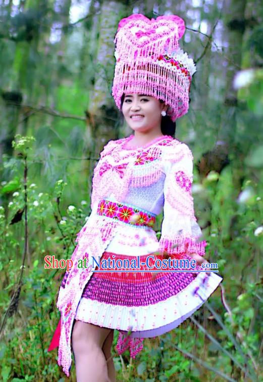 China Yunnan Ethnic Folk Dance Blouse and Skirt with Hat Miao Minority Bride Clothing Travel Photography Apparels