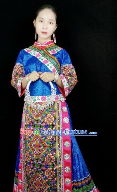 China Traditional Minority Stage Performance Apparels Ethnic Bride Clothing Miao Nationality Embroidered Blue Blouse and Skirt with Headdress