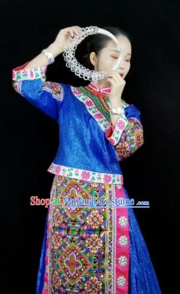 China Traditional Minority Stage Performance Apparels Ethnic Bride Clothing Miao Nationality Embroidered Blue Blouse and Skirt with Headdress