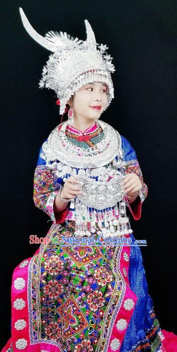 China Traditional Minority Stage Performance Apparels Ethnic Bride Clothing Miao Nationality Embroidered Blue Blouse and Skirt with Headdress