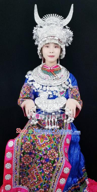 China Traditional Minority Stage Performance Apparels Ethnic Bride Clothing Miao Nationality Embroidered Blue Blouse and Skirt with Headdress