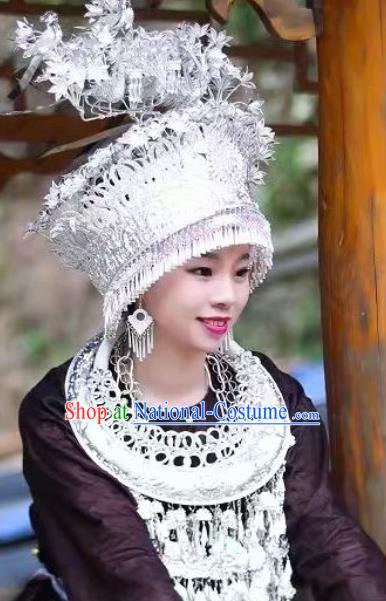 China Miao Ethnic Folk Dance Headdress Hmong Minority Argent Phoenix Coronet and Necklace Set