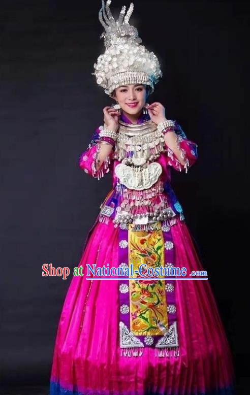 China Nationality Minority Folk Dance Rosy Blouse and Skirt Clothing Traditional Miao Ethnic Women Apparels with Headpieces