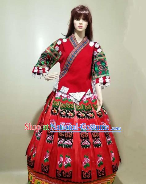 China Traditional Hmong Women Apparels Embroidered Red Blouse and Skirt Miao Nationality Minority Folk Dance Costumes Ethnic Wedding Clothing