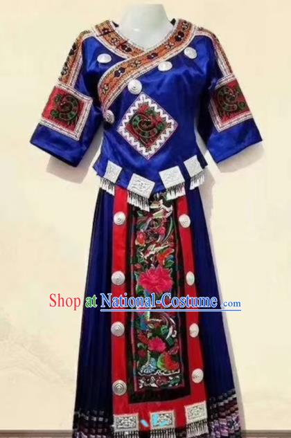 China Embroidered Royalblue Blouse and Skirt Ethnic Clothing Traditional Hmong Women Apparels Miao Nationality Minority Folk Dance Costumes