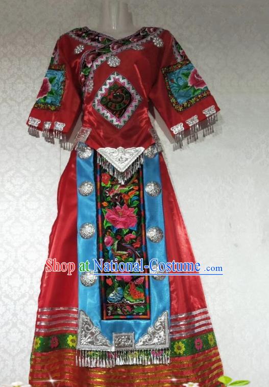 China Folk Dance Red Outfits Traditional Miao Ethnic Nationality Embroidered Costumes