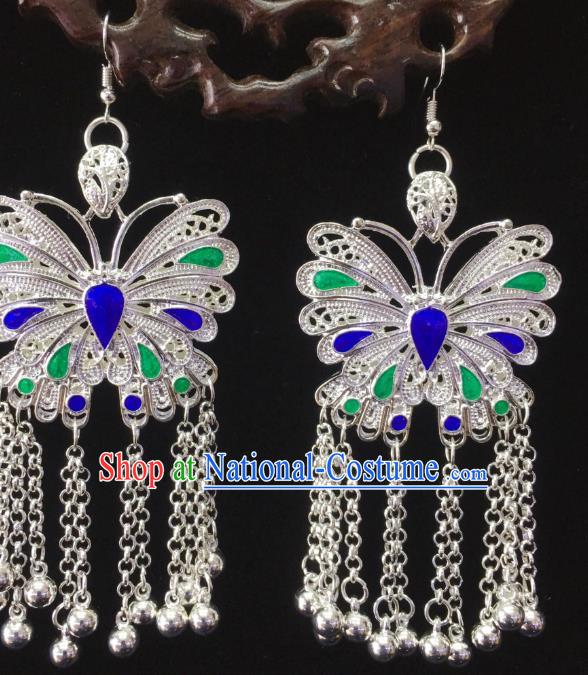 China Hmong Silver Butterfly Ear Accessories Handmade Guizhou Miao Ethnic Bells Tassel Earrings