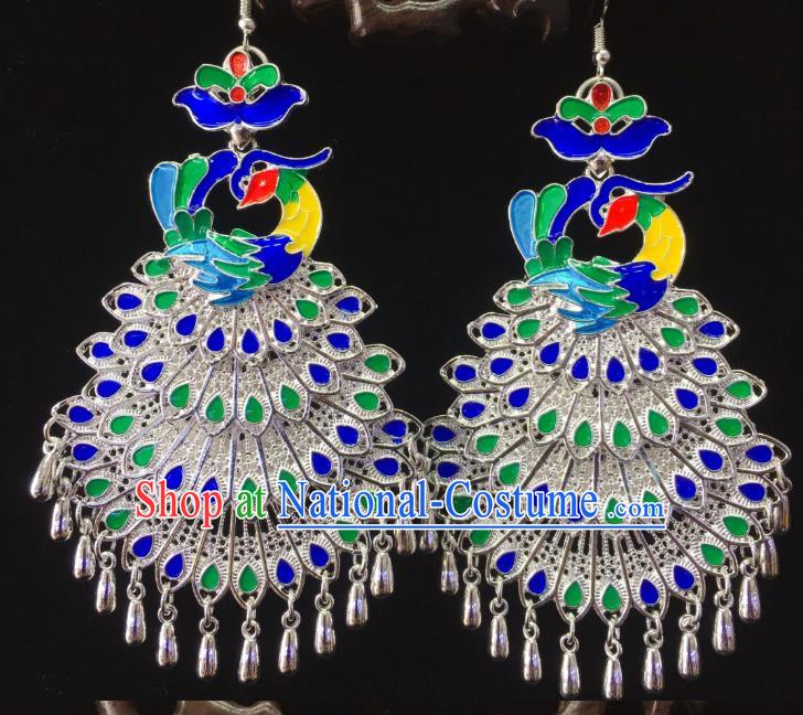 China Nationality Handmade Blueing Peacock Earrings Hmong Guizhou Miao Ethnic Minority Ear Accessories