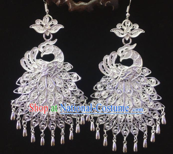 China Nationality Jewelry Handmade Hmong Guizhou Miao Ethnic Minority Ear Accessories Argent Peacock Earrings