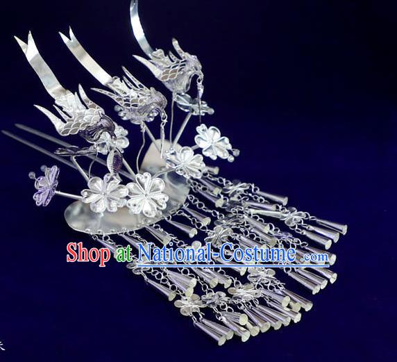 Quality Chinese Ethnic Nationality Three Birds Hairpins Festival Hair Accessories Miao Minority Silver Folk Dance Hair Stick