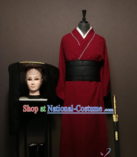 China Drama Ancient Swordsman Red Clothing Three Kingdoms Lv Bu Male Costumes and Bamboo Hat