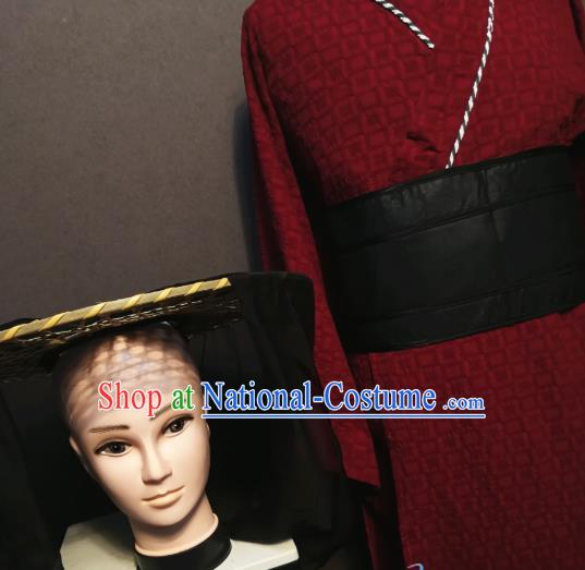 China Drama Ancient Swordsman Red Clothing Three Kingdoms Lv Bu Male Costumes and Bamboo Hat