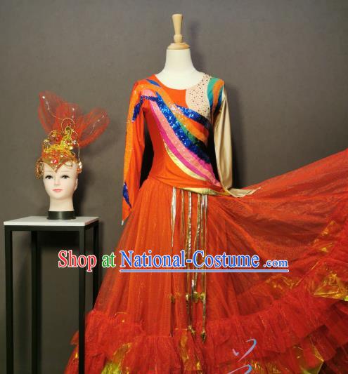 China Classical Dance Costumes Modern Dance Red Dress Spring Festival Gala Opening Dance Clothing and Headwear