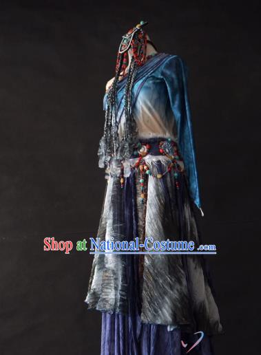 China Traditional Zang Nationality Costumes Ethnic Folk Dance Clothing Tibetan Minority Dance Dress and Headwear for Women