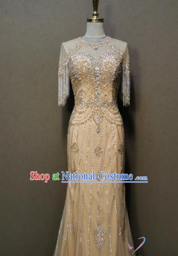 Annual Meeting Costumes Compere Light Golden Full Dress Evening Wear Bride Embroidery Beads Dress