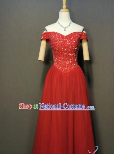 Bride Toast Red Off Shoulder Dress Evening Wear Compere Full Dress Annual Meeting Costumes