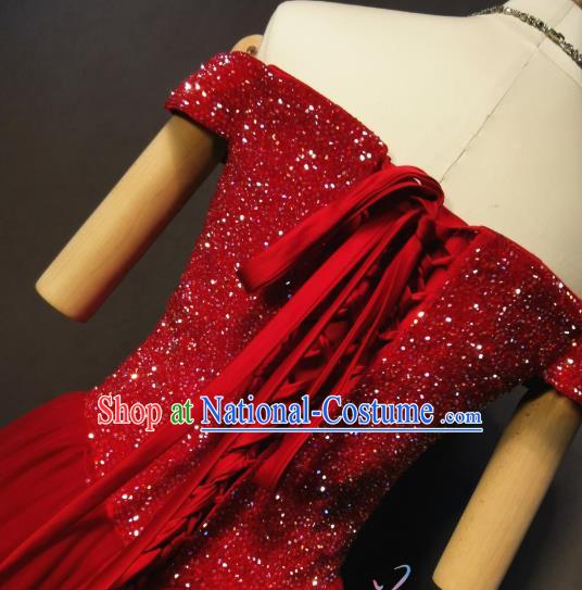 Bride Toast Red Off Shoulder Dress Evening Wear Compere Full Dress Annual Meeting Costumes