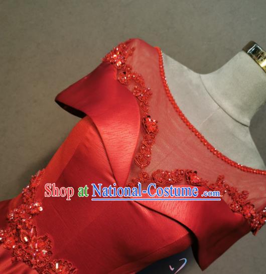 Evening Wear Compere Full Dress Annual Meeting Costumes Bride Toast Red Satin Dress