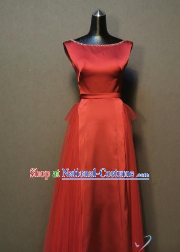 Compere Full Dress Evening Wear Annual Meeting Costumes Bride Toast Wine Red Satin Dress