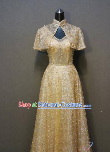 Bride Embroidered Beads Golden Dress Compere Full Dress Evening Wear Annual Meeting Costumes