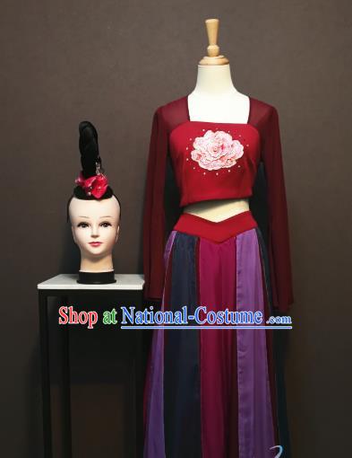 China Spring Festival Gala Wine Red Blouse and Skirt Outfits Women Flying Dance Dress Classical Dance Costumes and Headwear