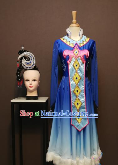 China Traditional Ewenki Nationality Costumes Mongol Ethnic Folk Dance Clothing Mongolian Minority Dance Blue Dress and Headdress for Women