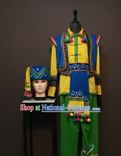 China Traditional Puyi Nationality Costumes Buyei Ethnic Folk Dance Clothing Minority Men Vest Shirt Pants and Hat