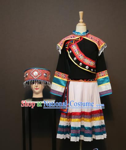 China Traditional Nationality Minority Costumes Sibo Ethnic Folk Dance Clothing Women Black Blouse and Skirt with Headdress